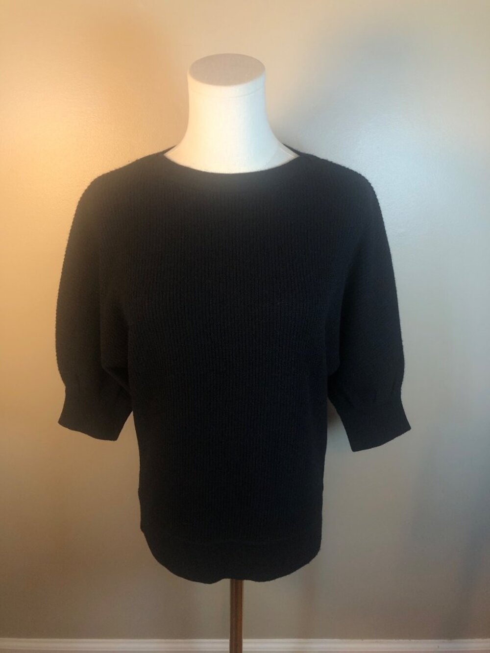 Kinross 100% Cashmere Black Puff Short Sleeve Crew Neck Knit Sweater Size M